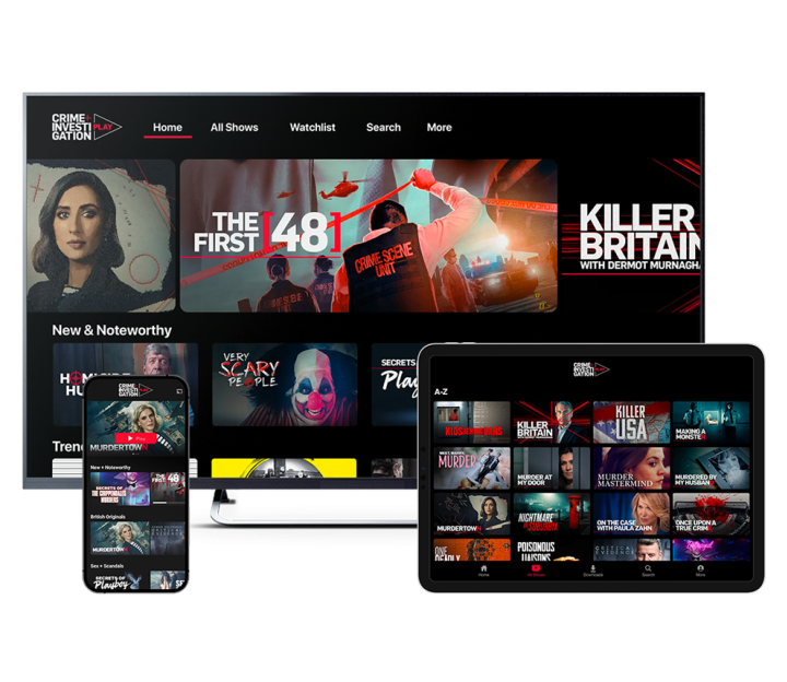 A graphic showing Crime+Investigation Play running on a phone, tablet and smart TV